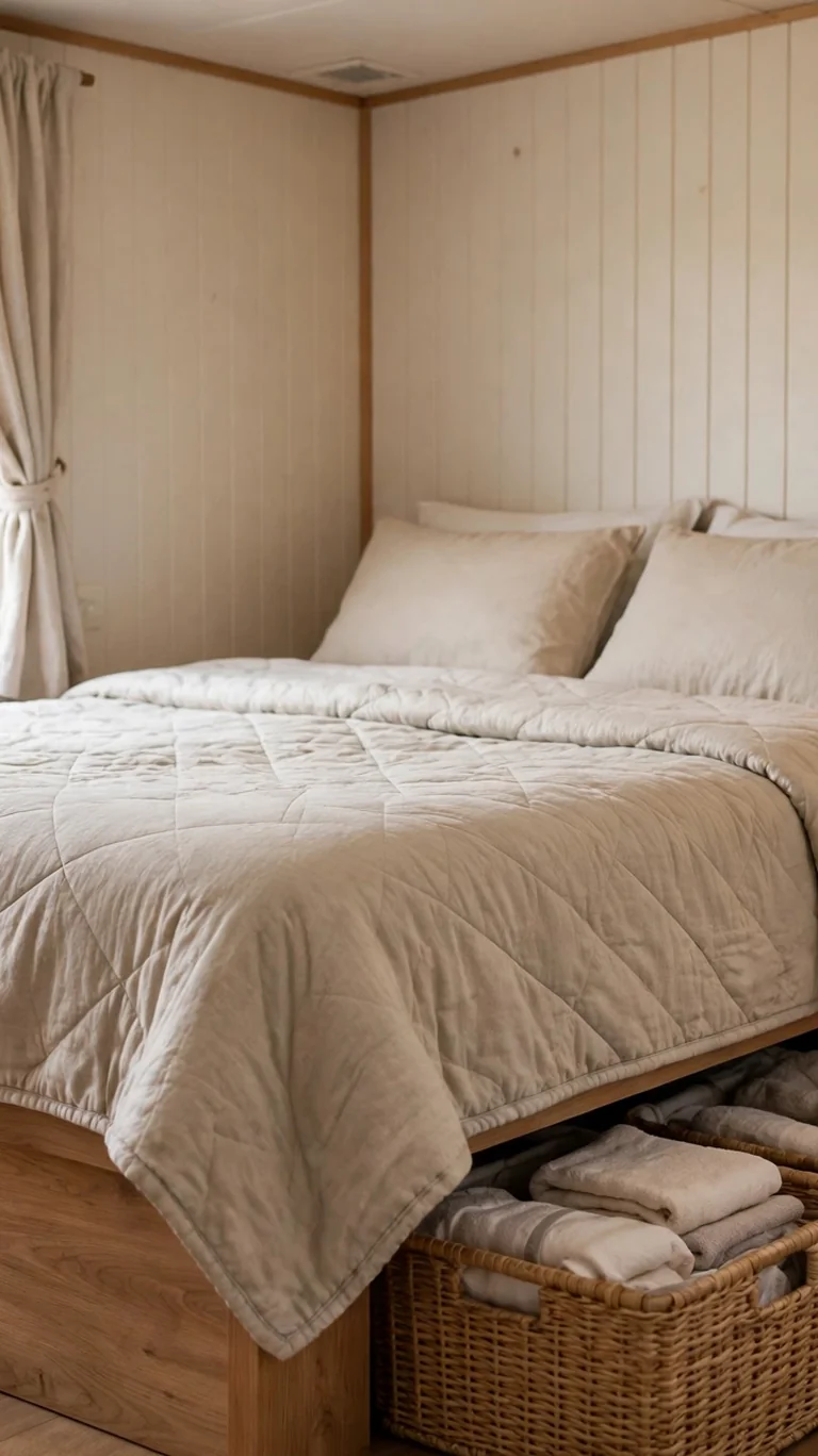 17 Trailer Decor Ideas to Make Your Mobile Home Feel Cozy and Stylish 10 Neat under-bed storage bins pulled out in a tidy trailer bedroom showing hidden storage.