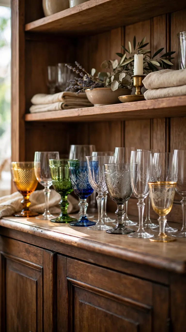 Collection of wine glasses and vintage goblets lined up neatly on a hutch shelf.
