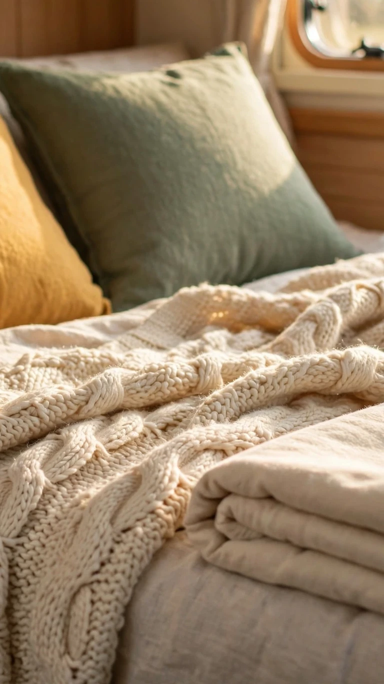 A caravan bed layered with a chunky knit throw, patterned cushions, and soft blankets.