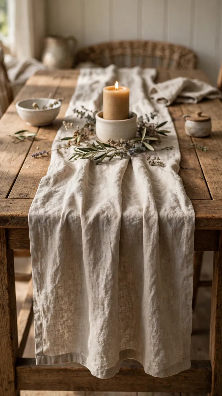 Natural linen table runner draped down a wooden farmhouse table with a simple candle centerpiece on top.
