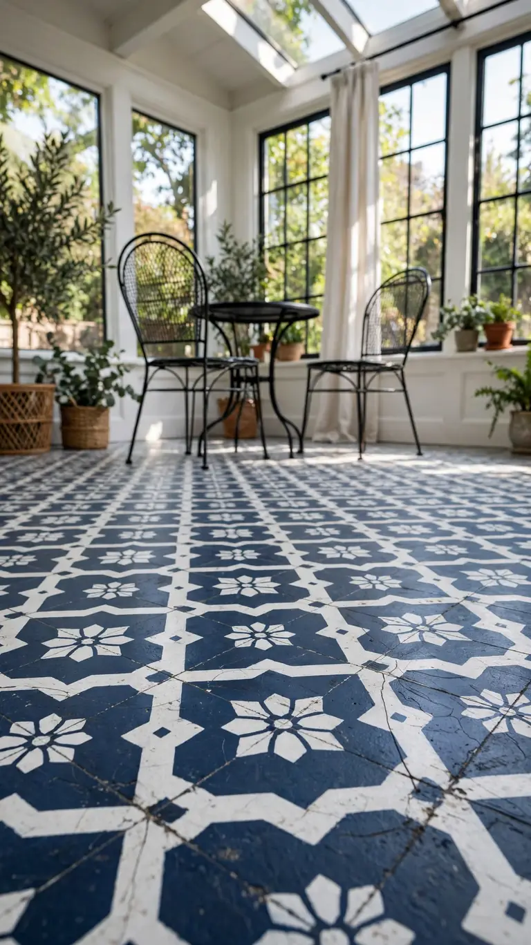 Sunroom with painted concrete floor featuring a stenciled tile pattern in navy and white, bistro chairs.