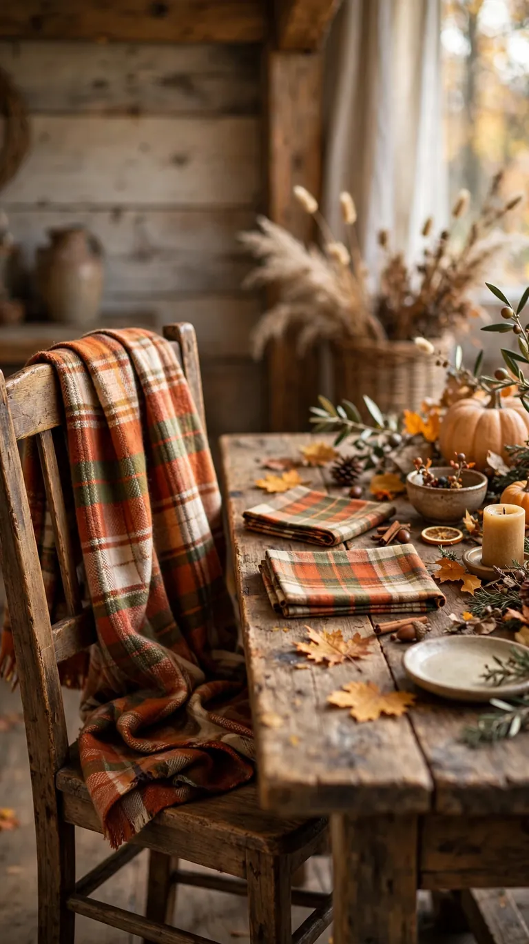 23 Beautiful Thanksgiving Decor Ideas for a Warm Holiday Home 10 Mix in Plaid and Woven Textiles