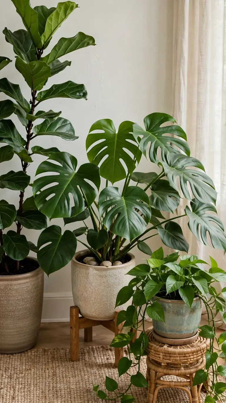 Lush indoor plant corner with a tall fiddle leaf fig, a large monstera on a wooden stand, and trailing pothos in ceramic pots at varying heights in soft indirect daylight.