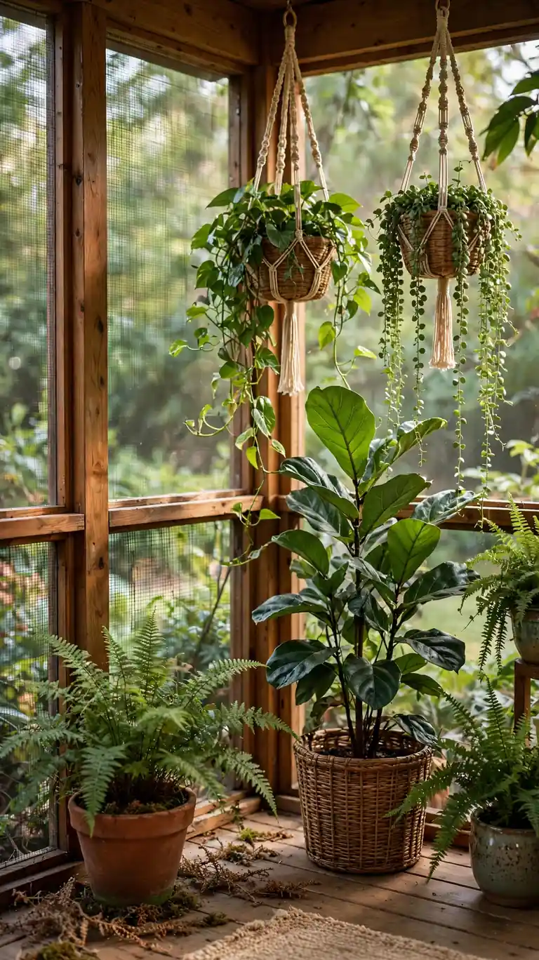 Lush corner of a screened porch with potted ferns, a tall fiddle-leaf fig, and hanging baskets of trailing greenery.