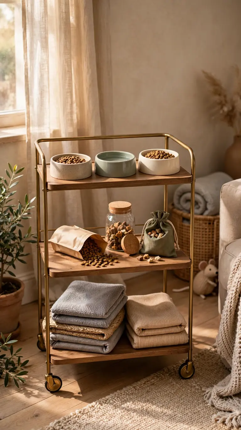 16 Clever Cat Food Station Ideas to Keep Your Home Organized 10 A small three-tier serving cart with cat bowls on top, pet food and treats on the middle shelf, and spare mats on the bottom tier.