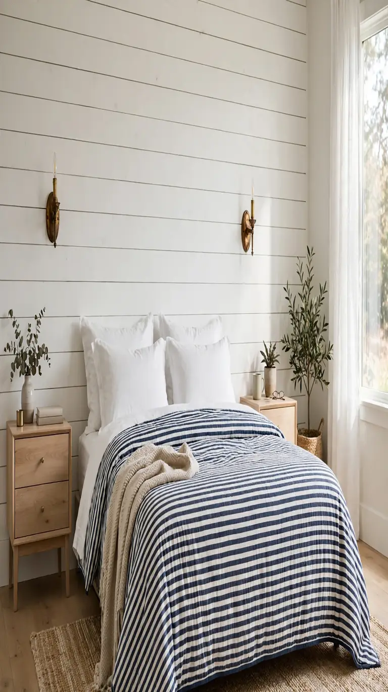 Bedroom with a white horizontal shiplap accent wall behind the bed, navy striped bedding, and brass sconces.