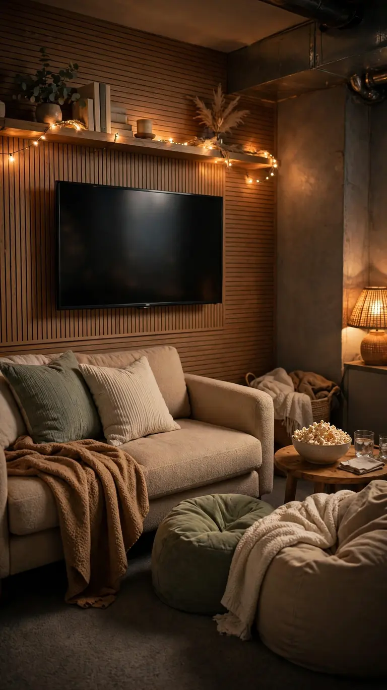 19 Small Basement Ideas to Make the Most of Any Space 10 Cozy home theater corner in a basement with a TV, comfortable seating, and warm string lights.
