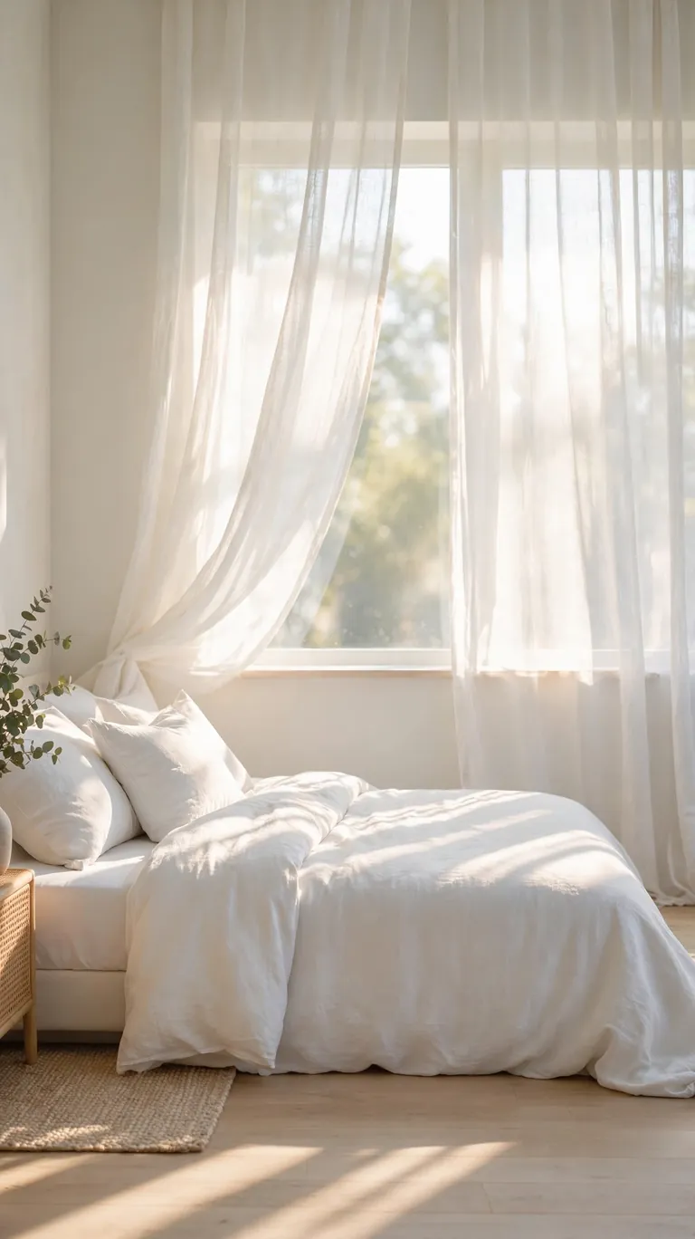Small bedroom with sheer white curtains letting bright natural light flood the room.
