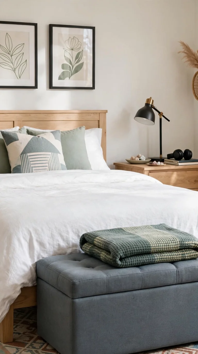 Upholstered storage bench at the foot of a teen bed with folded blankets on top.