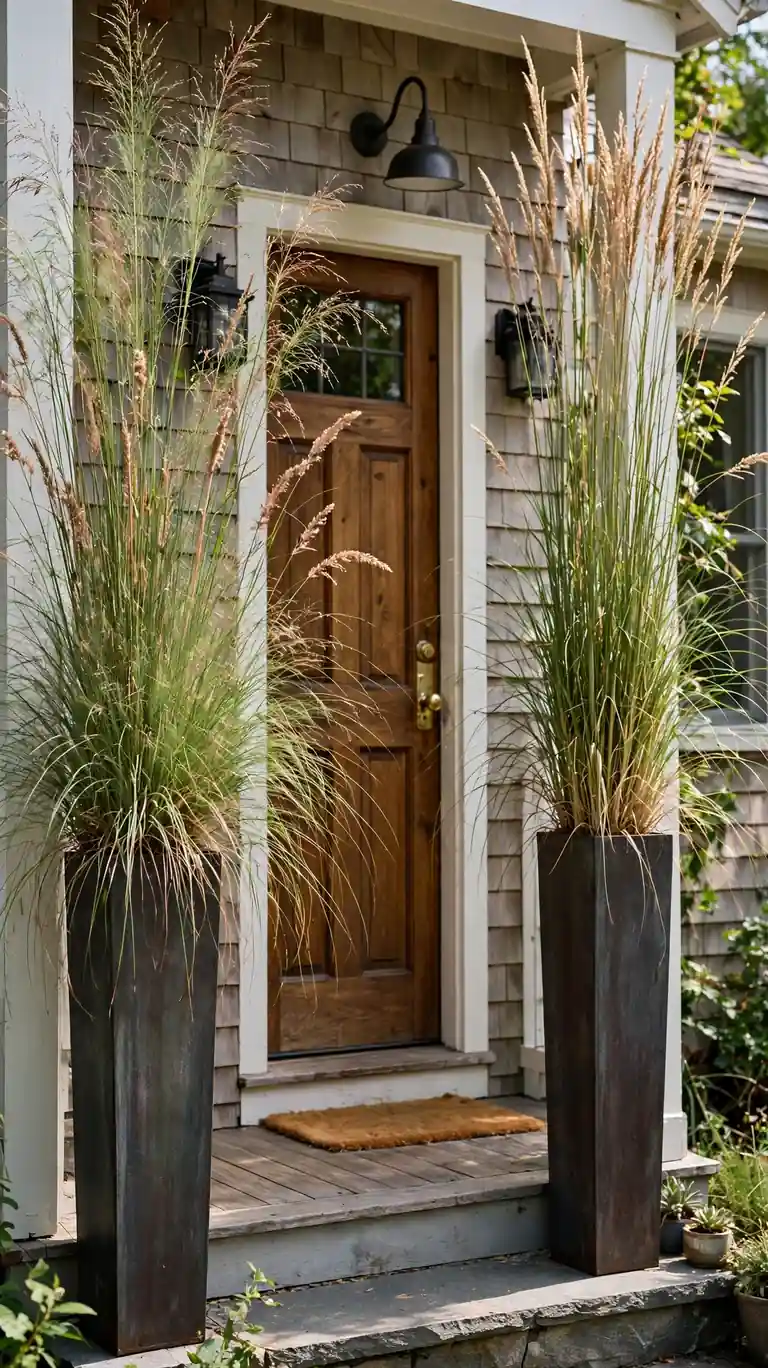 Two tall narrow planters with ornamental grasses framing a front door on a small porch.