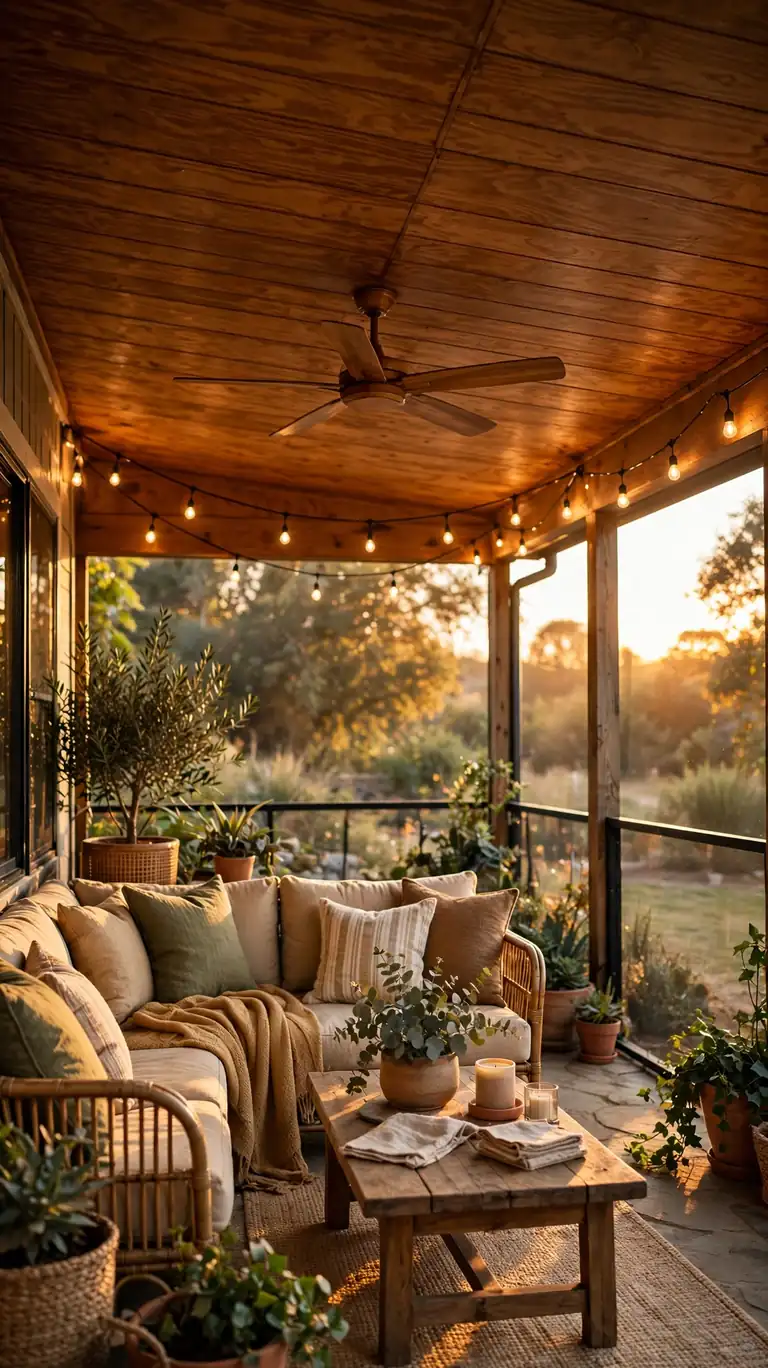 Covered porch with a warm stained tongue-and-groove plywood plank ceiling, ceiling fan, and string lights.