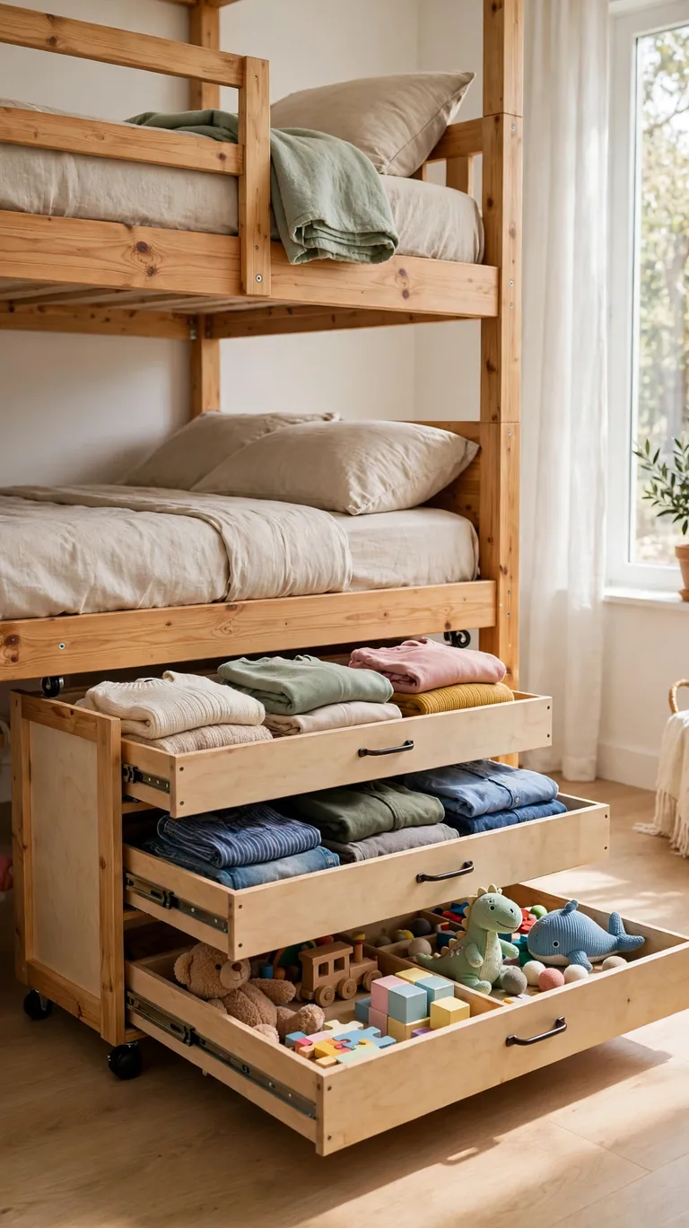 Rolling storage drawers pulled out from under a lower bunk, filled with neatly folded clothes and toys.