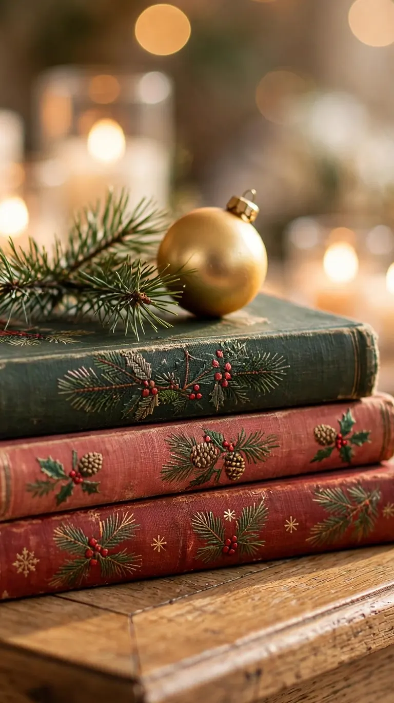 Stack of vintage hardcover Christmas books topped with greenery and a single gold ornament on a coffee table.