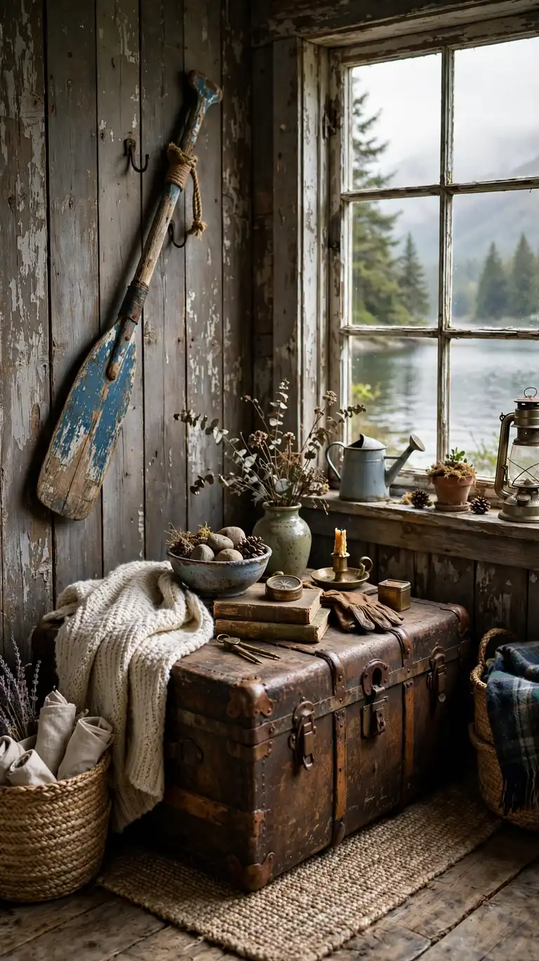 21 Small Lake Cottage Interior Design Ideas That Feel Cozy and Inviting 10 Lake cottage corner styled with vintage finds, an old oar on the wall and a weathered trunk used as a coffee table.