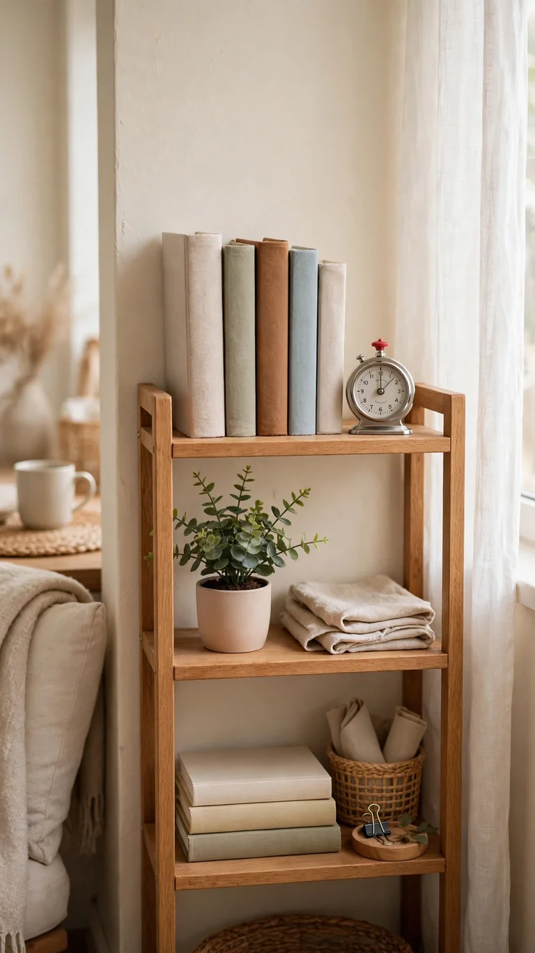 Small organized shelf with a kitchen timer beside it for short declutter bursts.