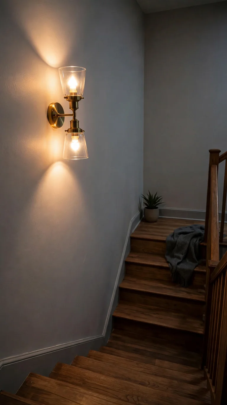Warm wall sconce glowing above a basement stair landing.