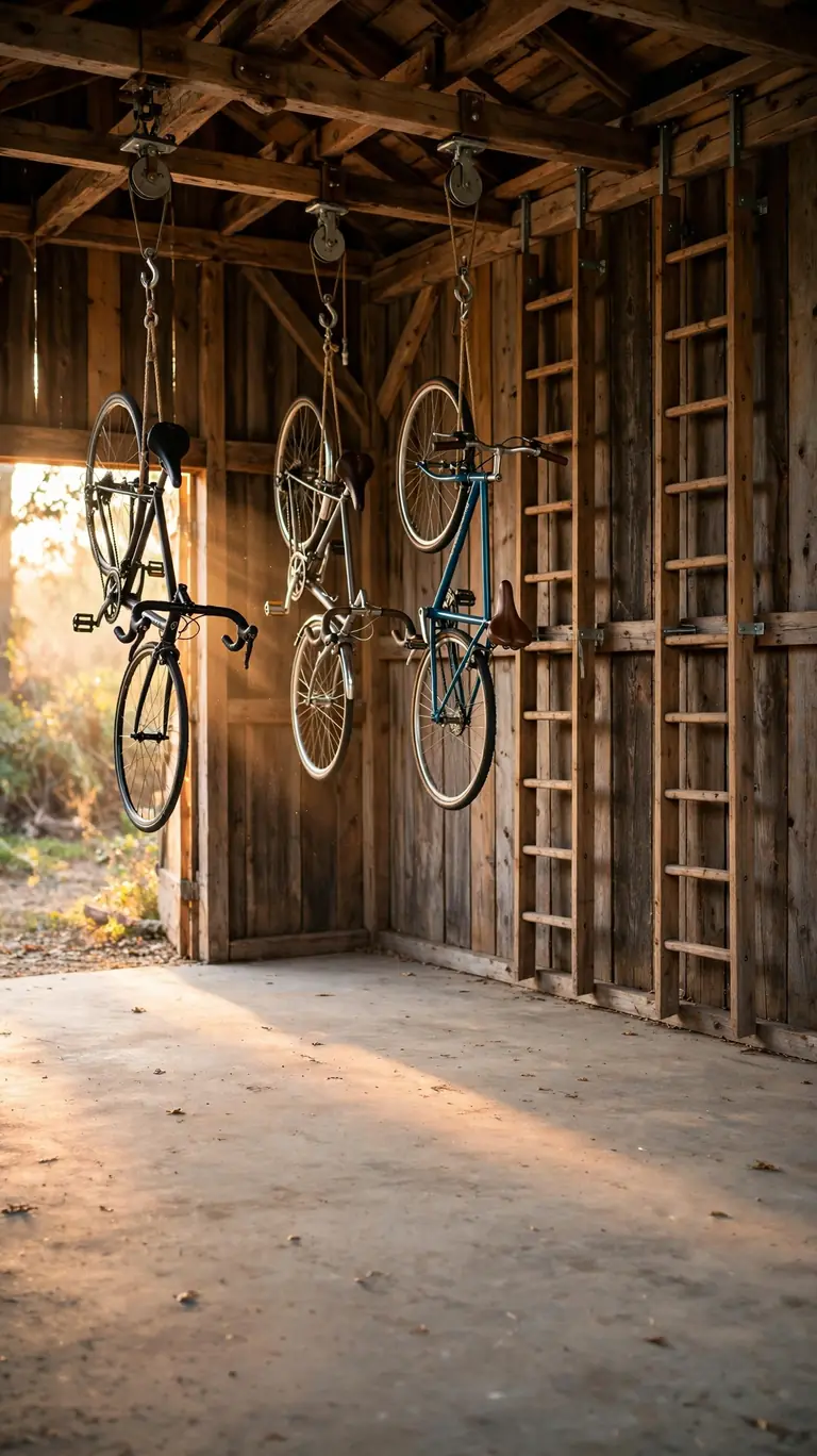 A shed interior with bicycles hanging from ceiling pulley hoists and ladders mounted vertically on the wall, leaving open floor space.