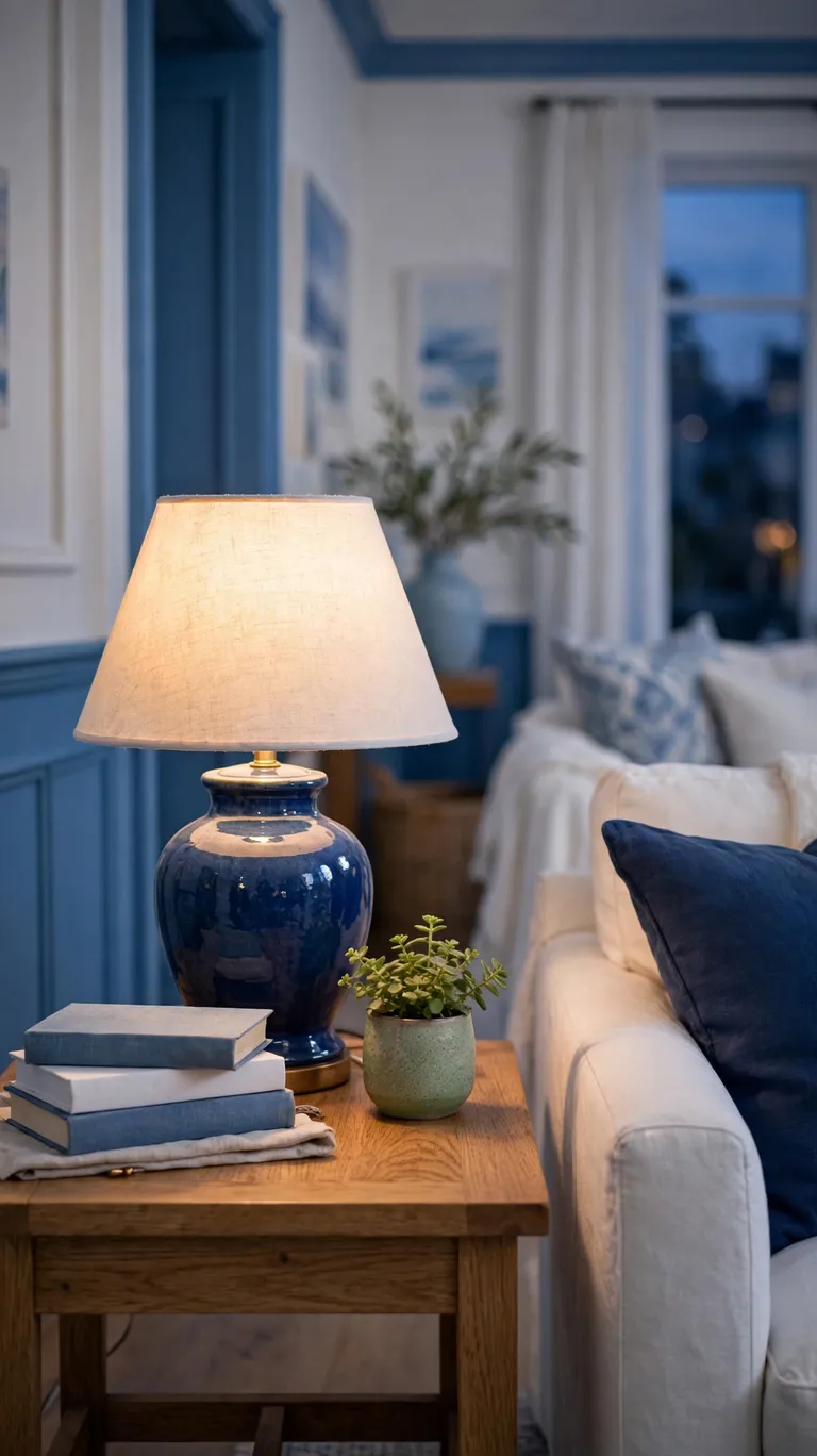 Ceramic table lamp with a blue base and white shade on a living room side table.