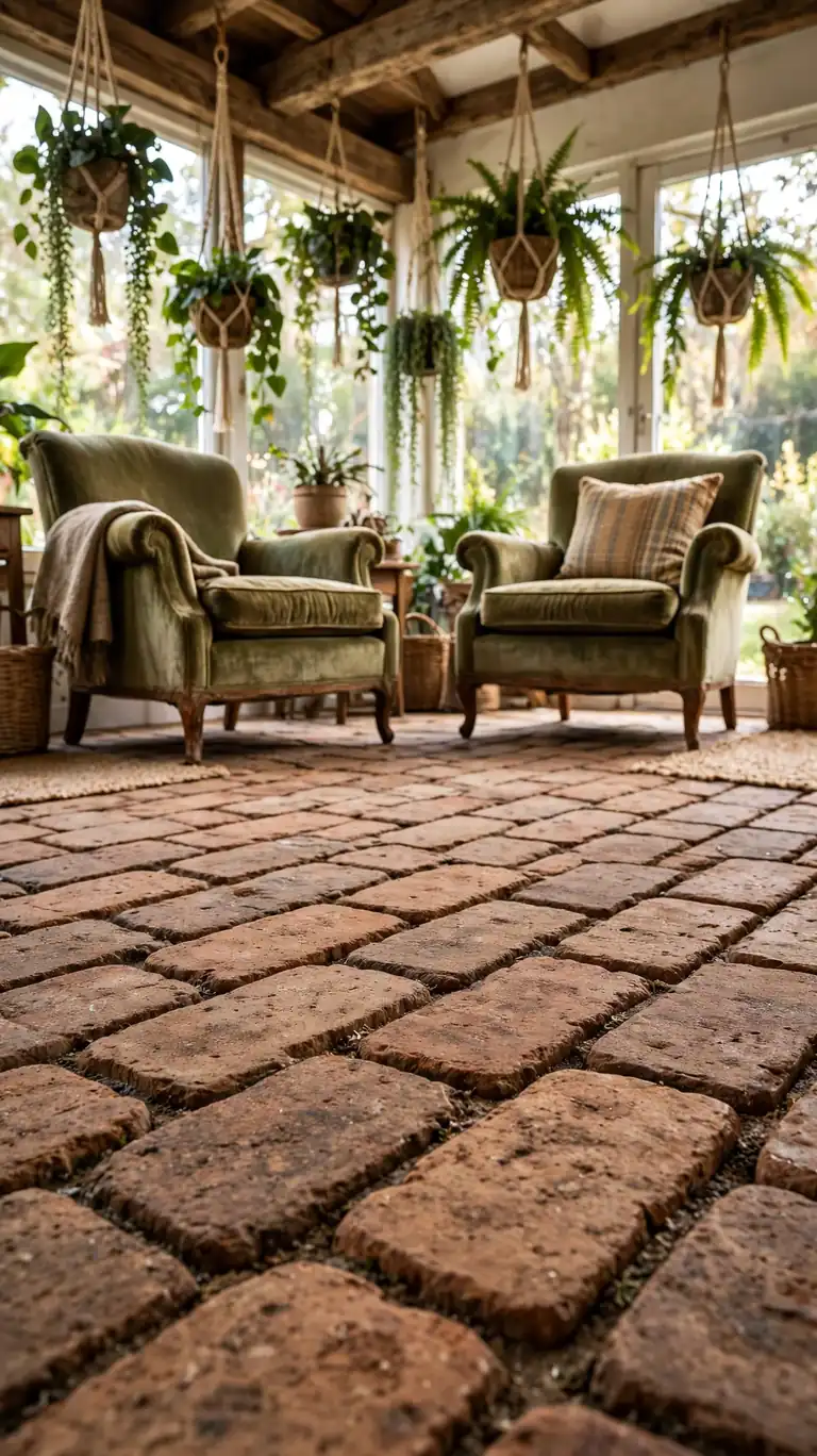Sunroom with rustic brick paver flooring, wooden beams, vintage armchairs, and hanging plants.
