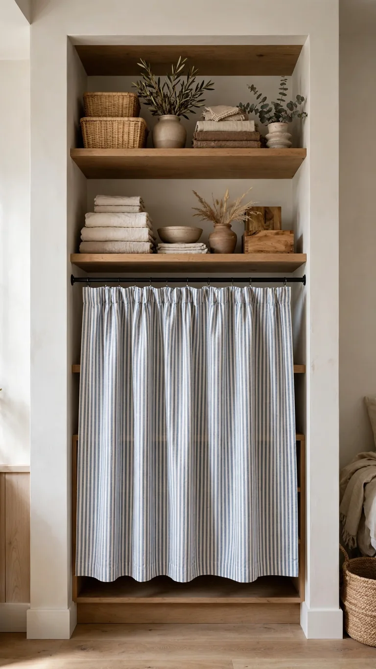 22 Creative Closet Curtain Ideas for a Stylish, Space-Saving Upgrade 11 Short cafe-length striped curtain on a slim rod hiding lower closet shelves while upper shelves stay open.