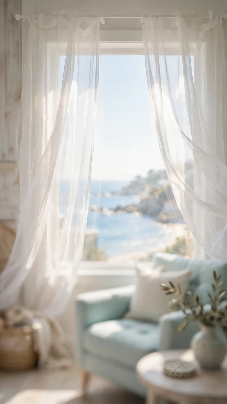 Delicate white voile curtain panels creating a hazy glow on a coastal window.