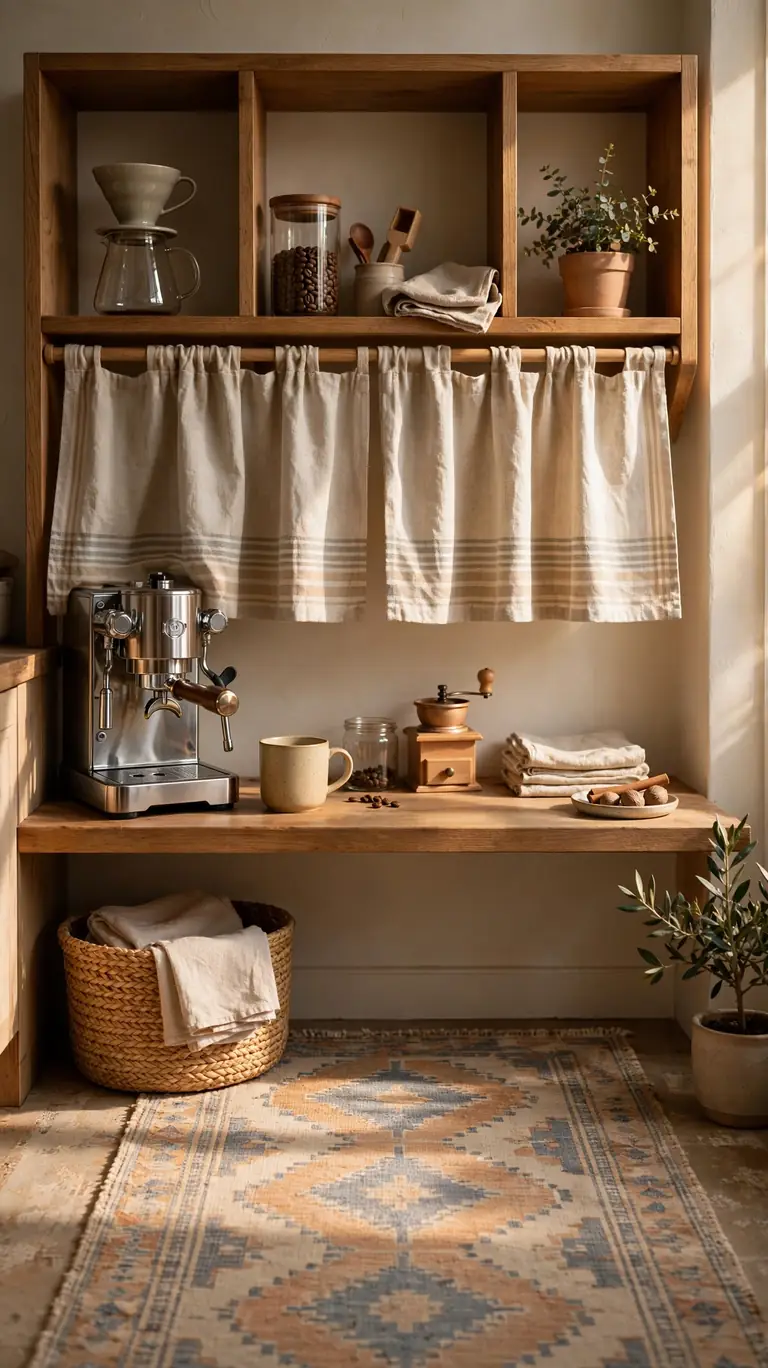 22 Cozy Coffee Bar Ideas for the Cutest Corner at Home 11 Cozy Textiles: A Runner and Curtains