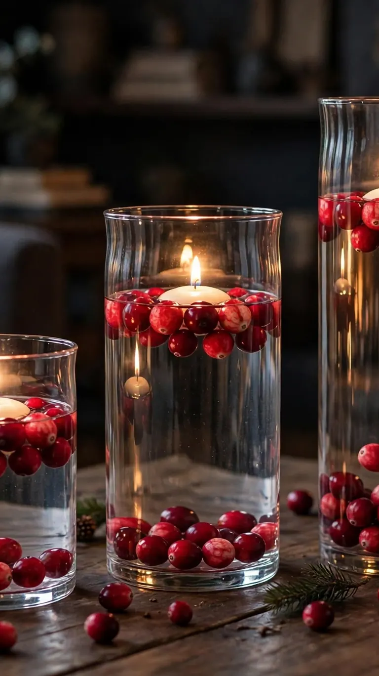 Three glass hurricanes filled with cranberries, water, and floating candles lined down a coffee table.