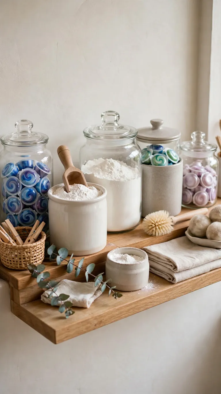 18 Small Laundry Room Ideas That Maximize Every Inch 11 Decant Detergent into Pretty Jars