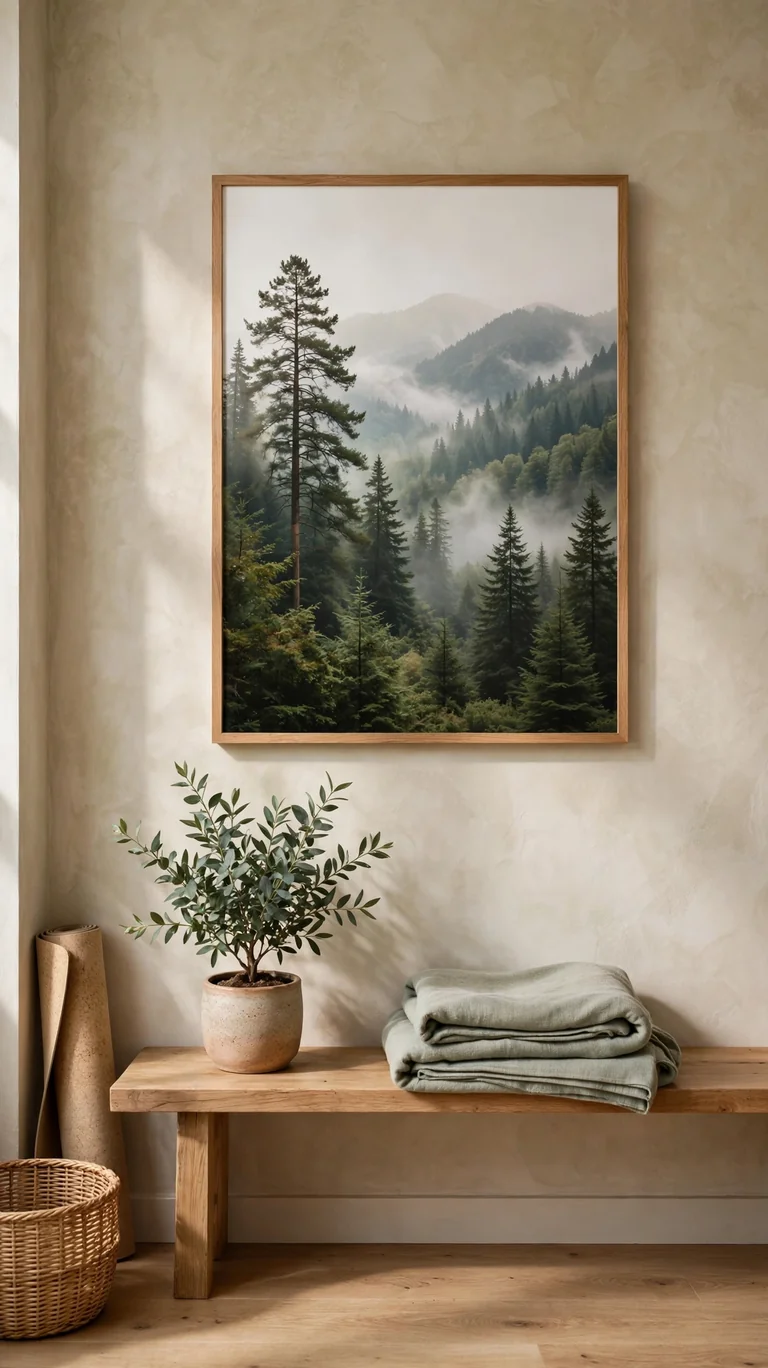 14 Inspiring Yoga Room Ideas for a Peaceful Home Retreat 11 Yoga room wall with a large framed nature print above a low bench holding a plant and a folded blanket.