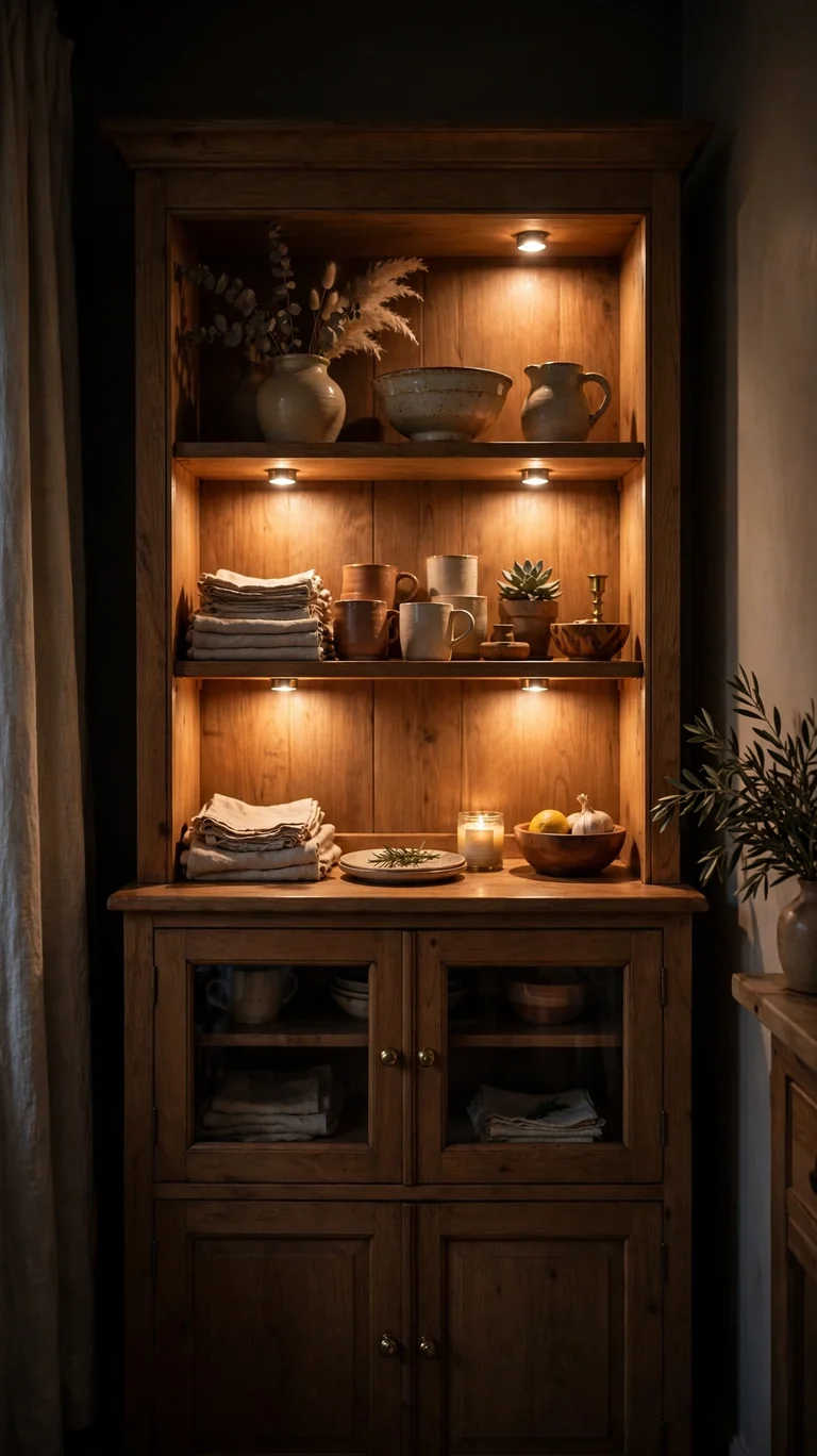 Hutch shelves glowing warmly at night from small puck lights mounted under each shelf.