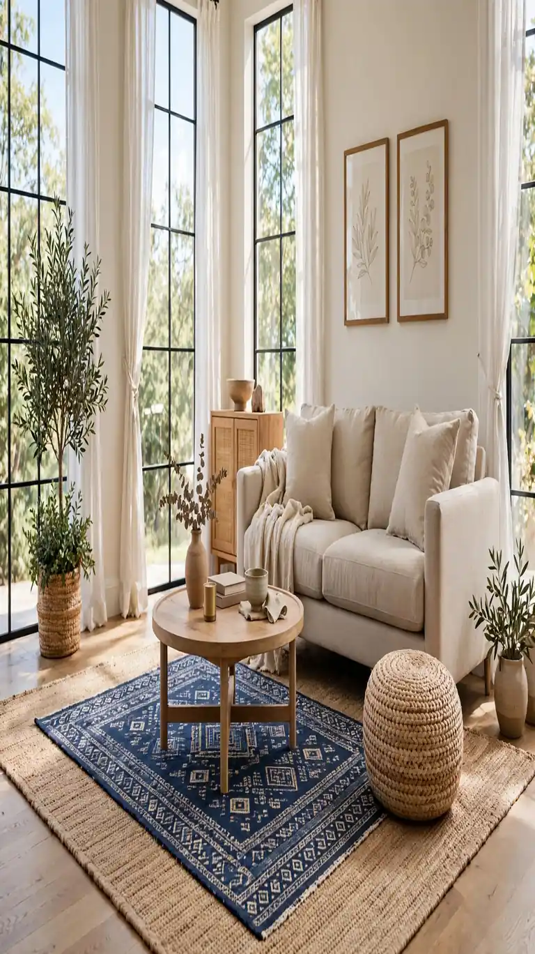 Living room with a large flat jute rug layered under a smaller navy patterned rug beneath a linen sofa.