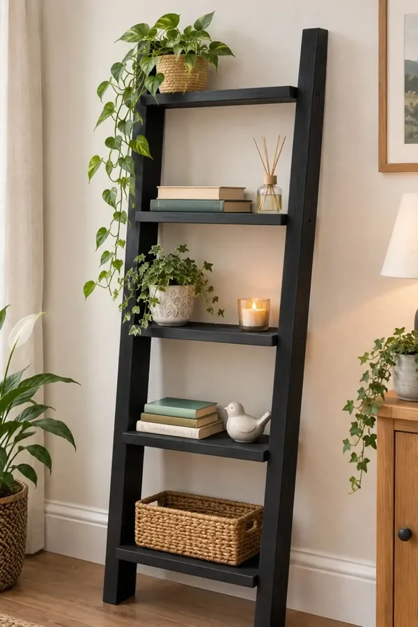 17 Empty Corner Living Room Ideas to Make Your Space Feel Complete 11 Use a Leaning Ladder Shelf for Throws and Small Decor Without Drilling