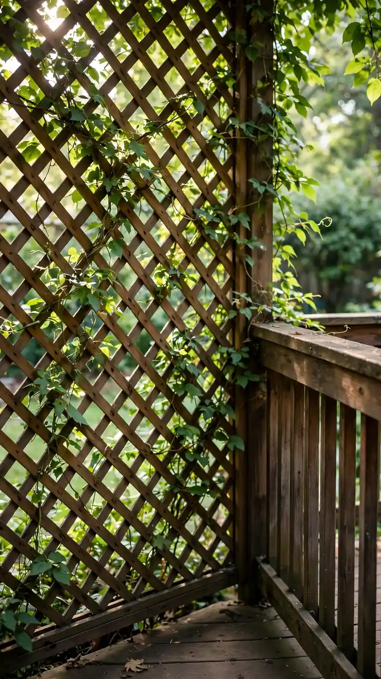 Wooden lattice privacy screen with climbing green vines beside a deck railing.