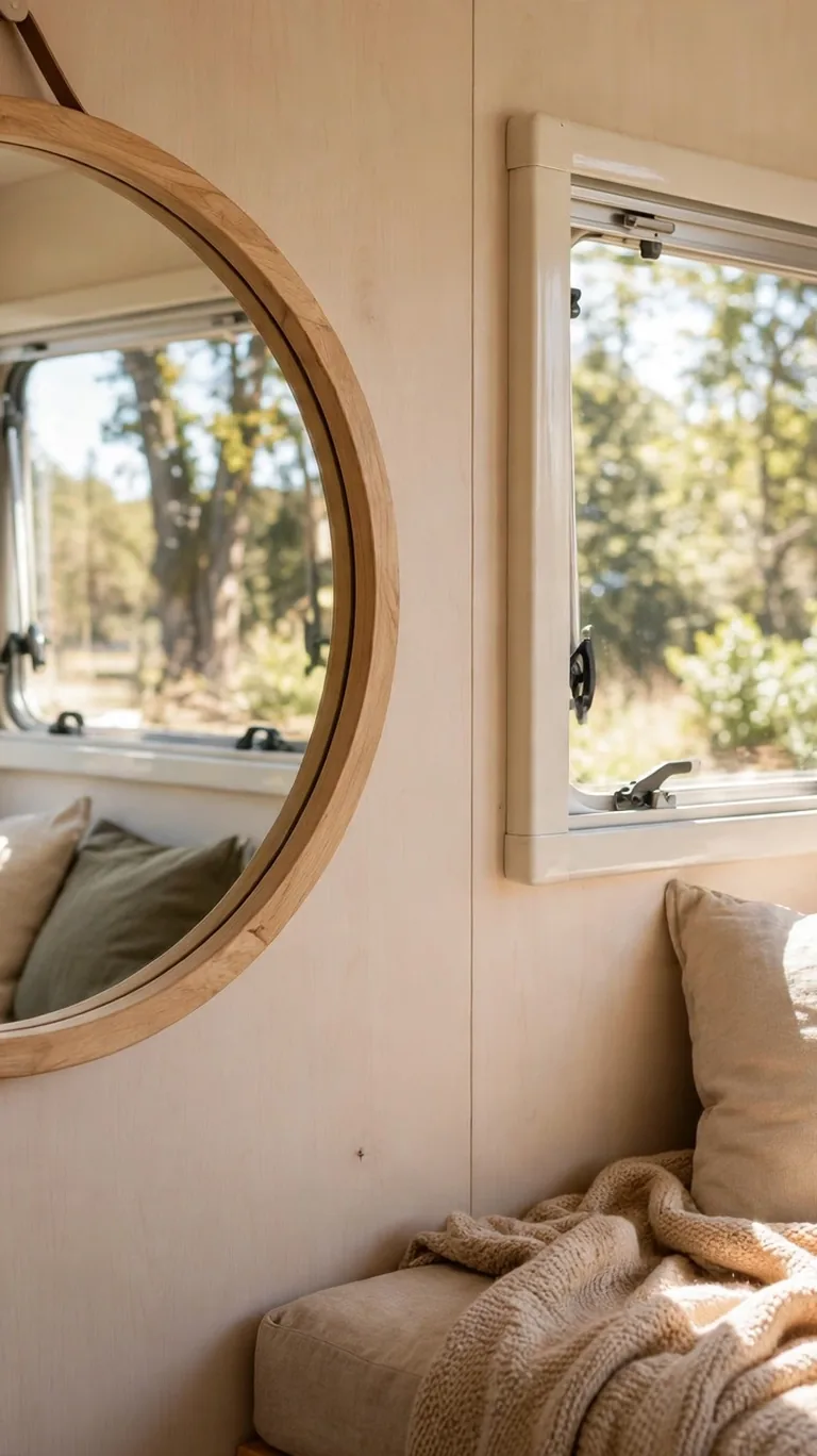 A round mirror with a light wooden frame hanging opposite a caravan window, reflecting daylight.