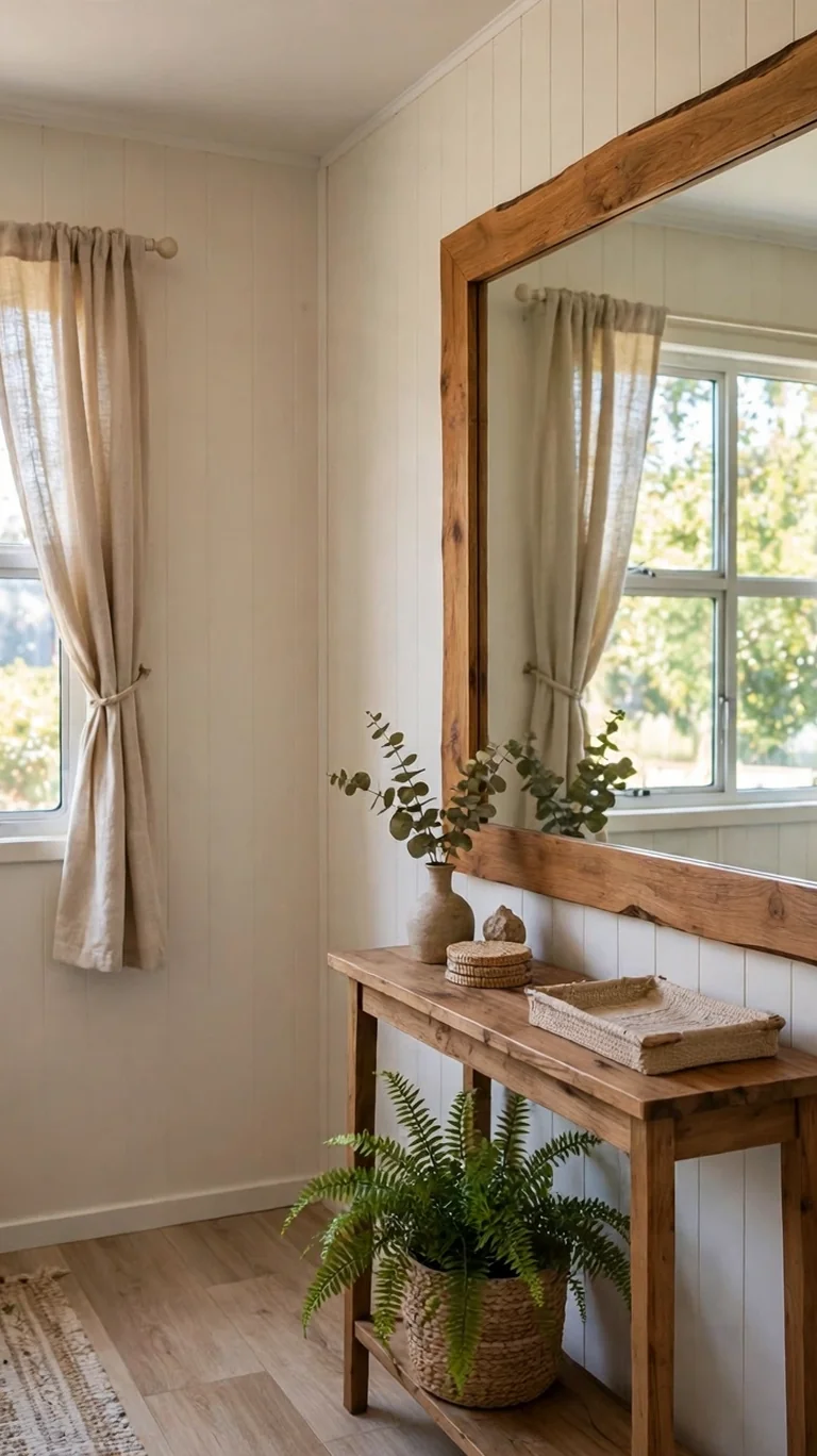17 Trailer Decor Ideas to Make Your Mobile Home Feel Cozy and Stylish 11 A large framed mirror hung across from a window reflecting light in a narrow trailer living room.