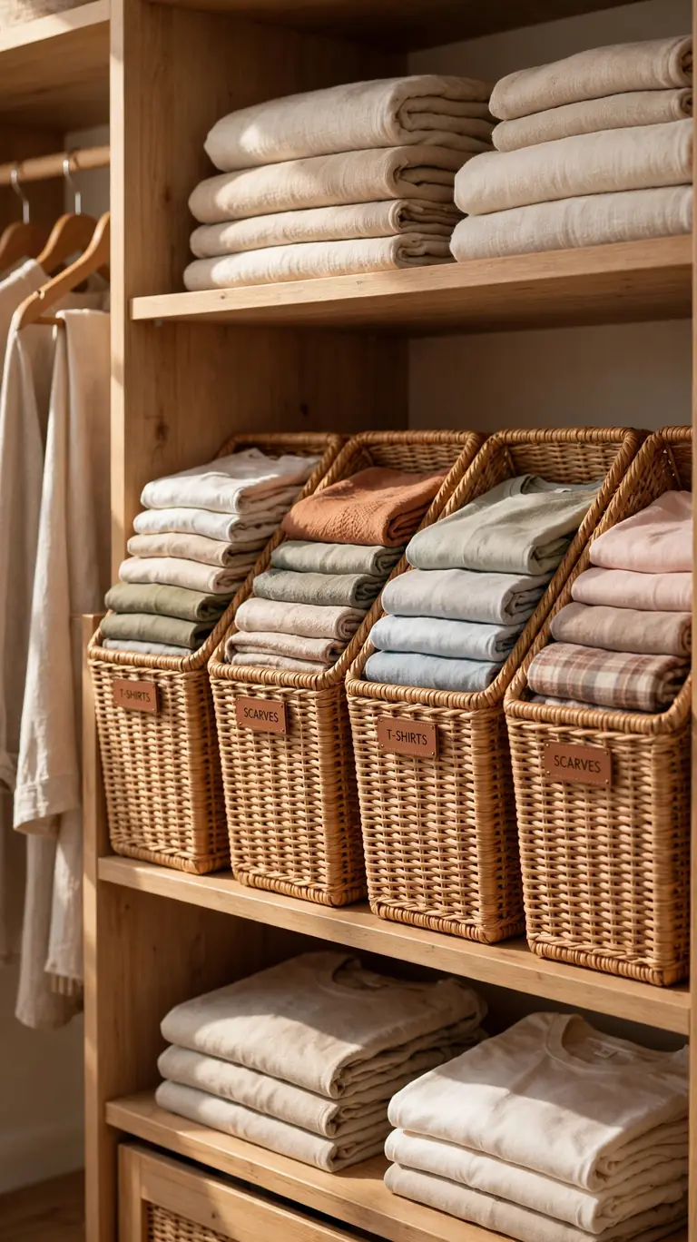 26 Smart Walk-In Closet Layout Ideas That Maximize Every Inch 11 Open Shelving with Matching Bins