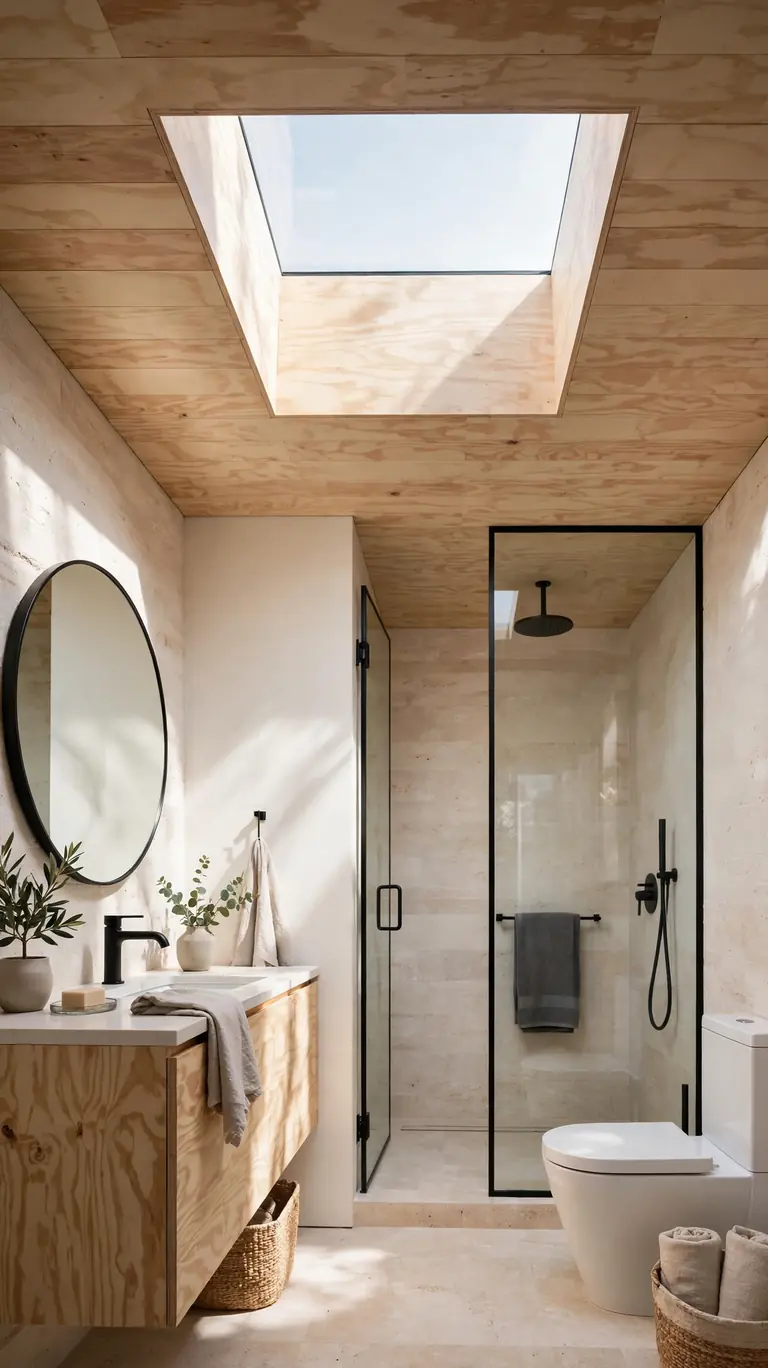 Bathroom with a light plywood plank ceiling surrounding a bright skylight.