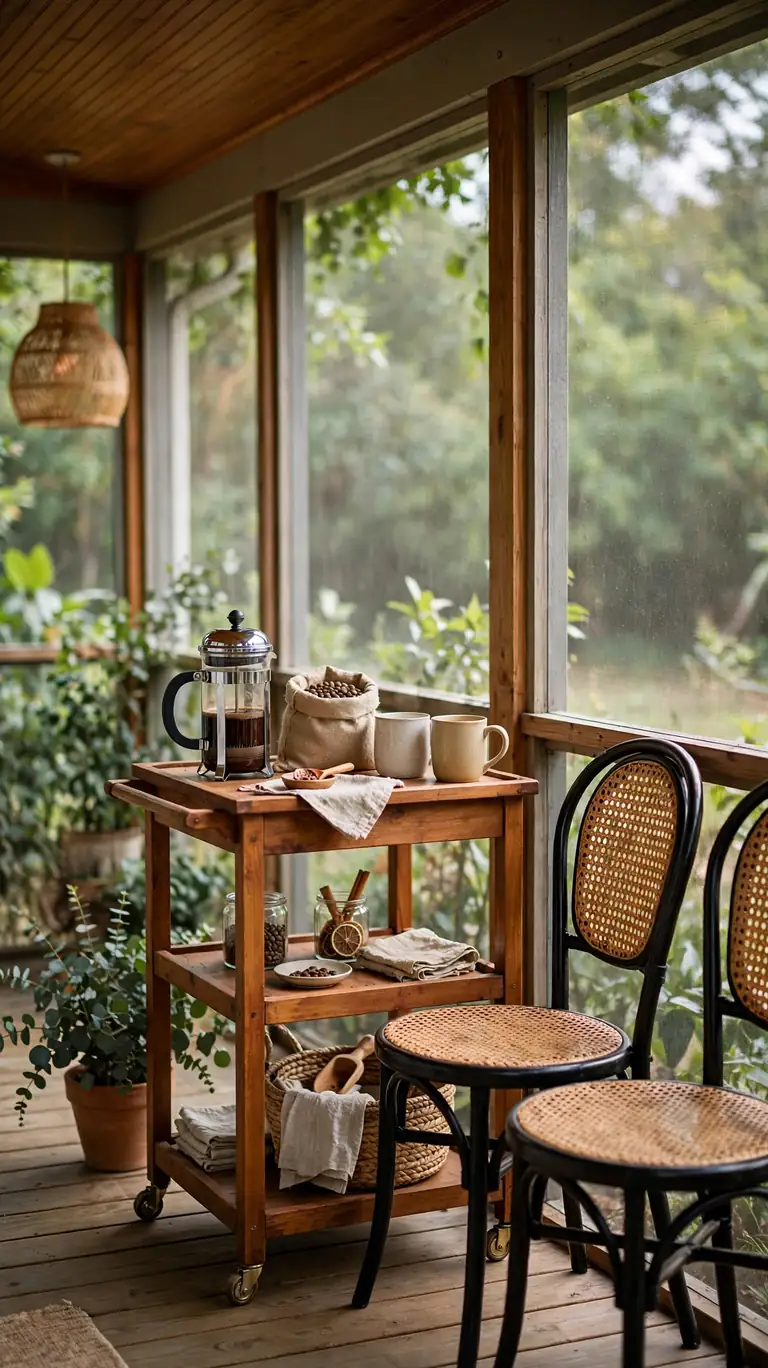 Small coffee station on a screened porch with a wooden bar cart holding a French press, mugs, and coffee beans beside two bistro chairs.