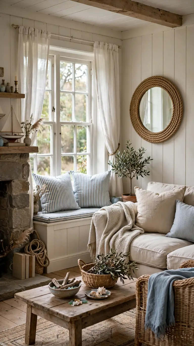 21 Small Lake Cottage Interior Design Ideas That Feel Cozy and Inviting 11 Cottage living room with restrained nautical touches, a rope-wrapped mirror and striped ticking pillows by the window.