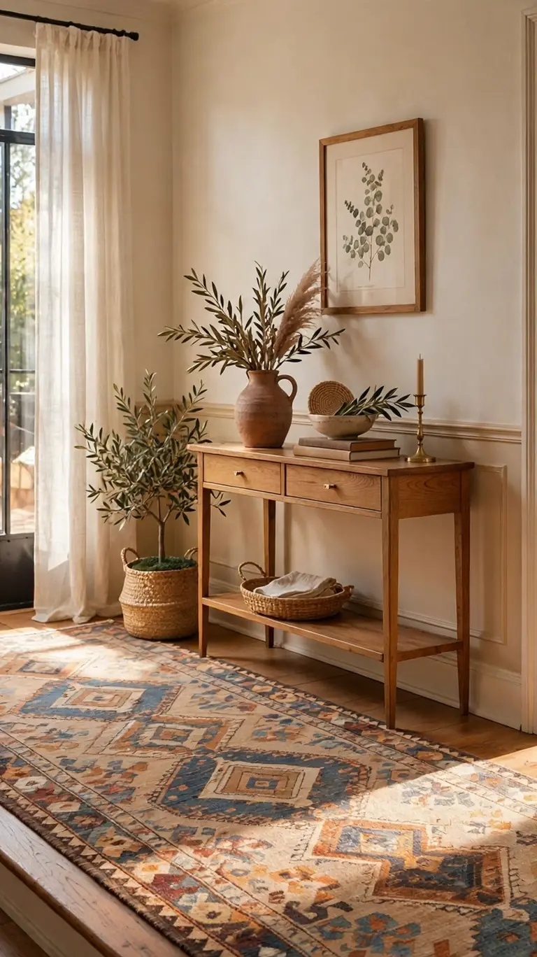 Stair landing defined by a patterned vintage-style flat-weave runner rug in blue and terracotta tones, with a wooden console table styled with a clay pitcher, books, and a framed botanical print.