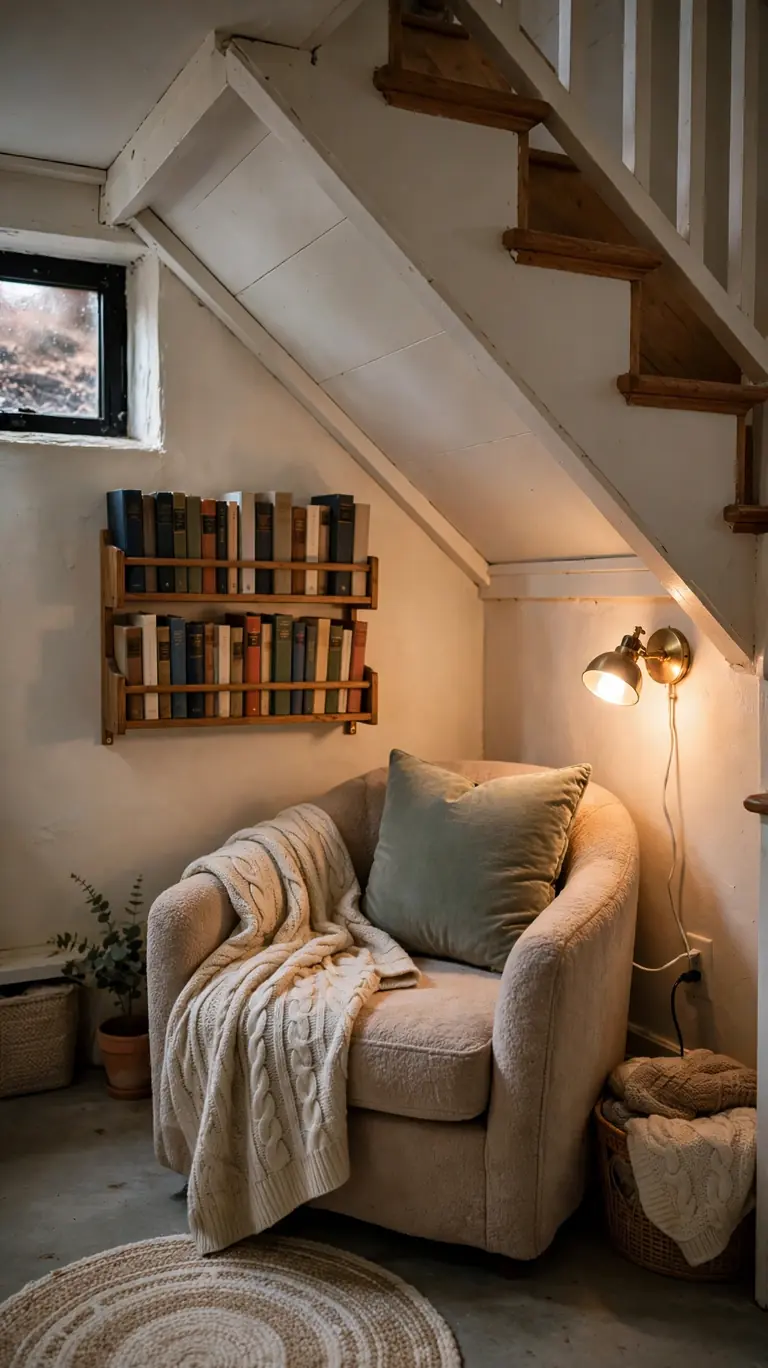 19 Small Basement Ideas to Make the Most of Any Space 11 Reading nook tucked under the basement stairs with an armchair, books, and a reading lamp.