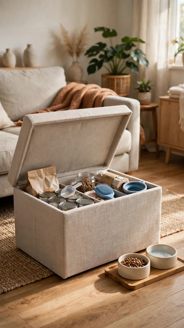16 Clever Cat Food Station Ideas to Keep Your Home Organized 11 A fabric storage ottoman with its lid open showing neatly stored cat food and supplies inside, with a small tray of bowls beside it.