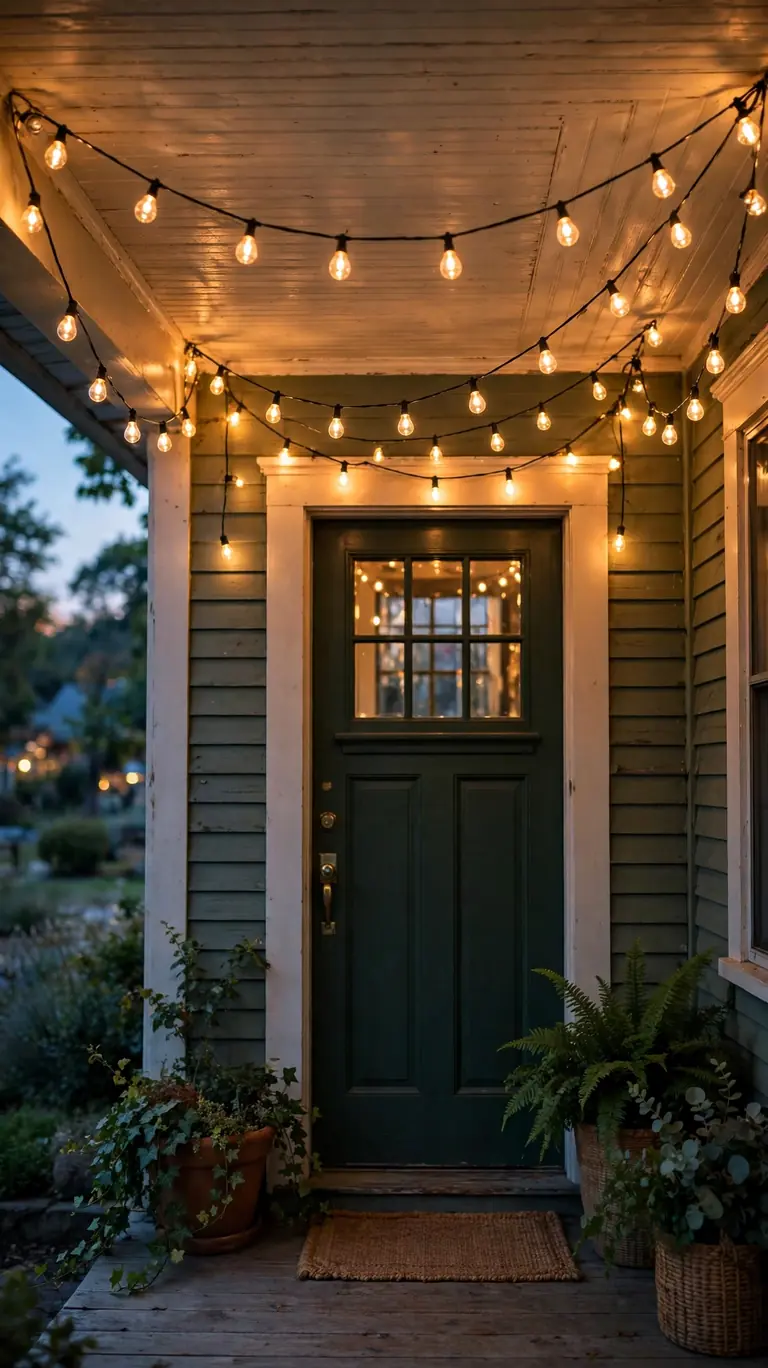 Warm string lights draped along the ceiling of a small front porch at dusk above a front door.