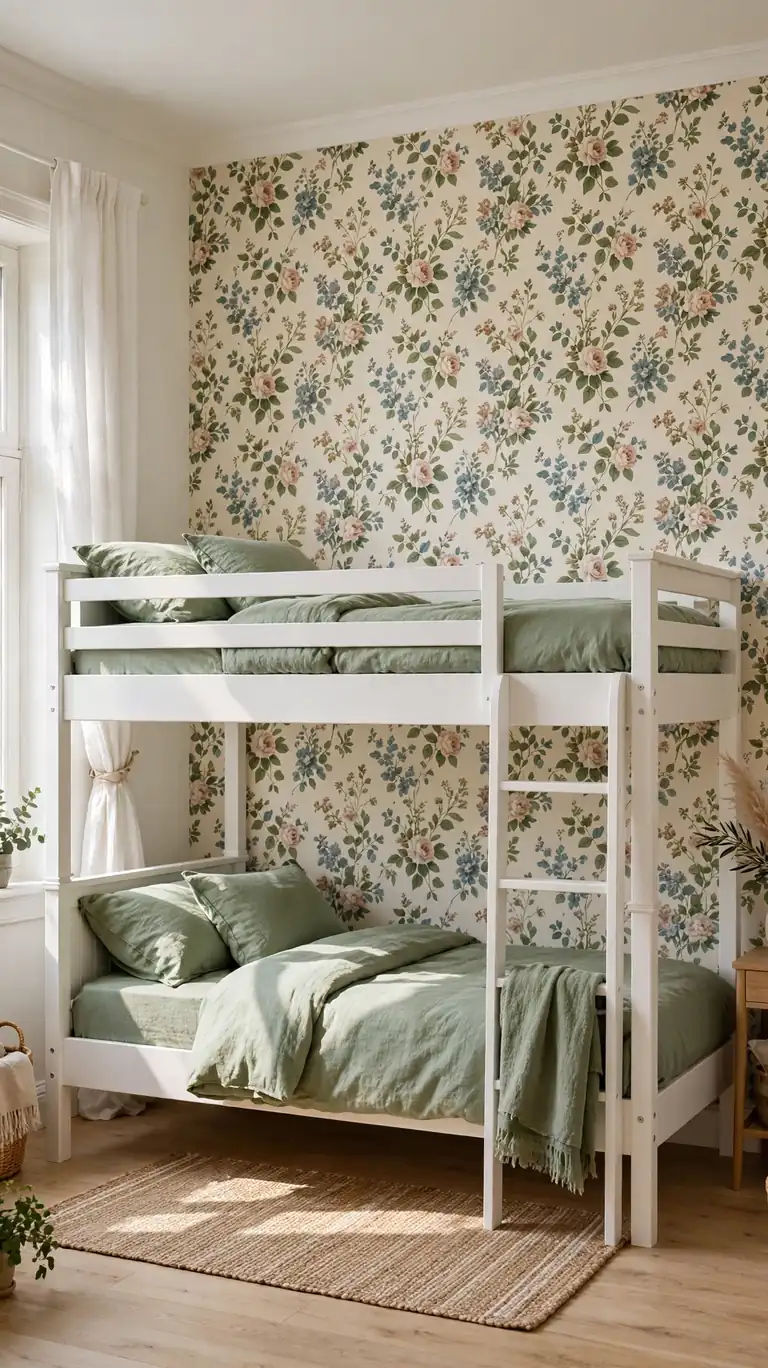 Floral wallpaper accent wall behind white bunk beds with matching green bedding.