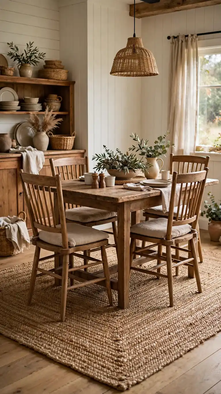 Woven jute rug under a farmhouse dining table with chairs, adding natural texture to the dining room floor.