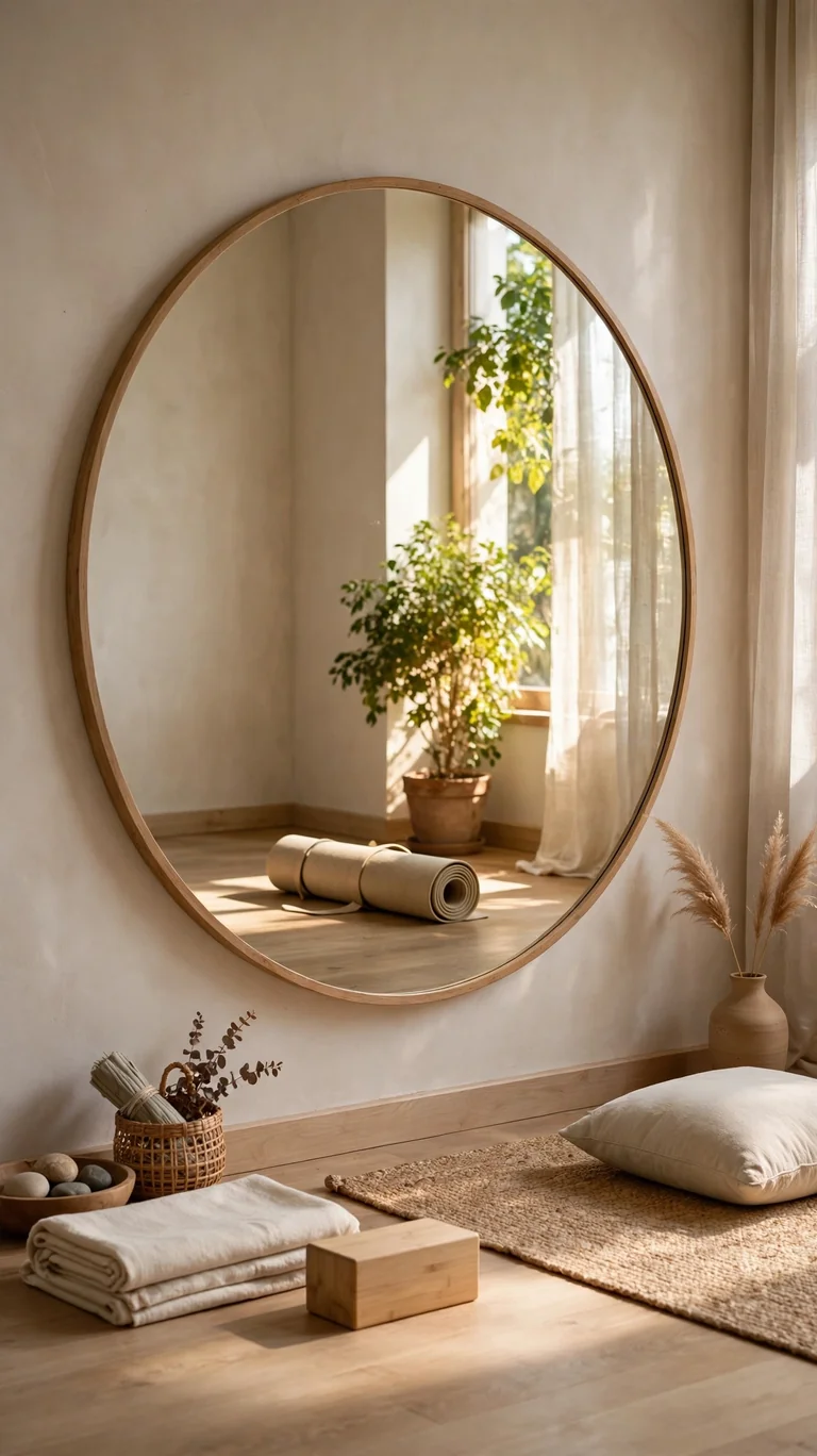 14 Inspiring Yoga Room Ideas for a Peaceful Home Retreat 12 Full-length round mirror on a yoga room wall reflecting a neatly rolled mat and a sunlit plant.