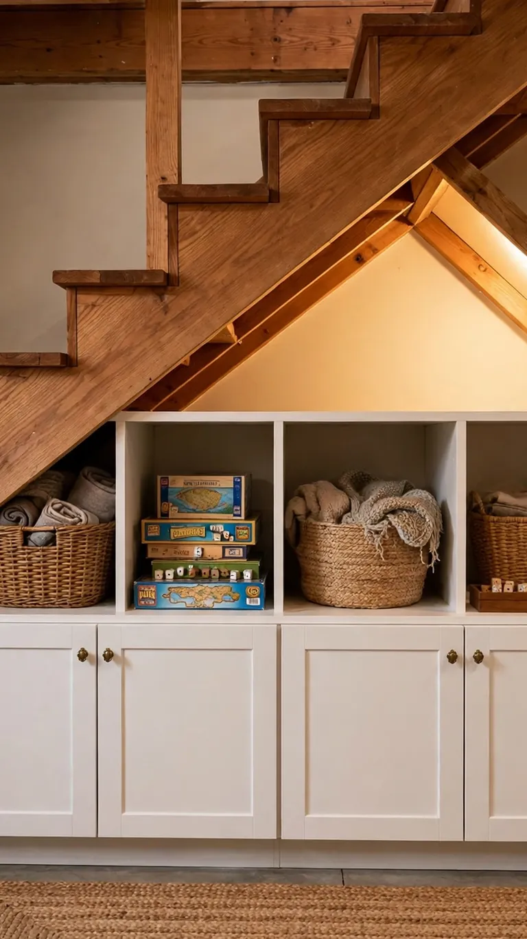 Custom storage cabinets built into the space under basement stairs.