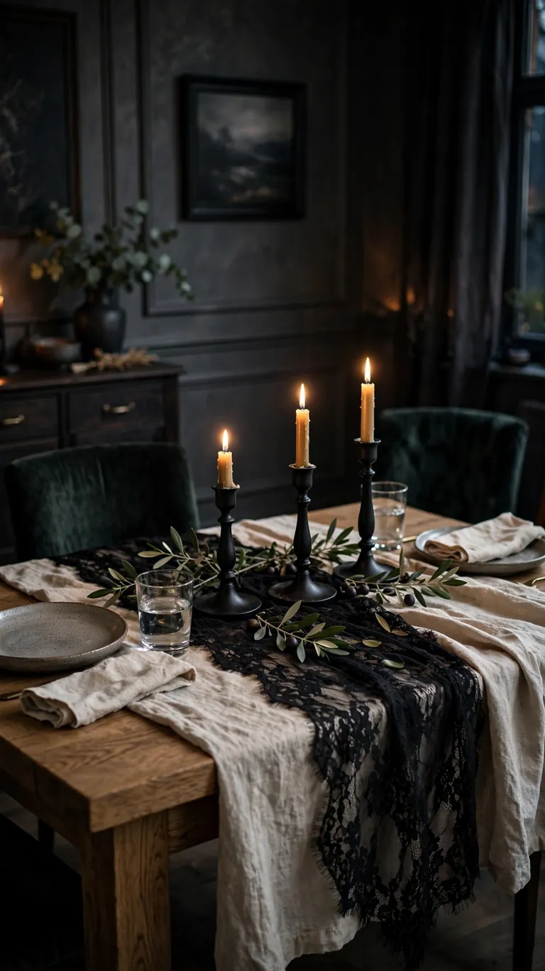 25 Stylish Halloween Decor Ideas That Are Chic, Not Cheesy 12 A Black Lace Table Runner