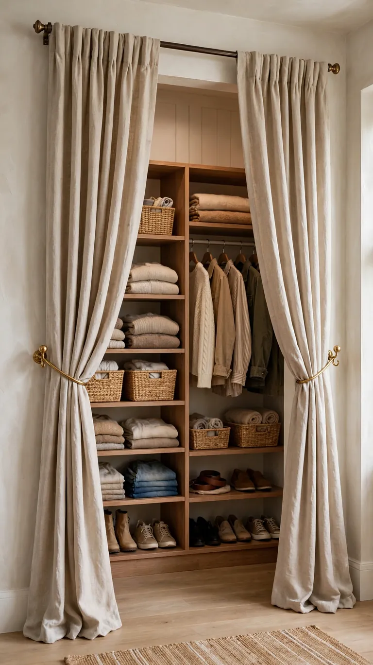 22 Creative Closet Curtain Ideas for a Stylish, Space-Saving Upgrade 12 Closet curtain panels pulled to the sides with brass tie-back hooks, framing the open closet like a stage.
