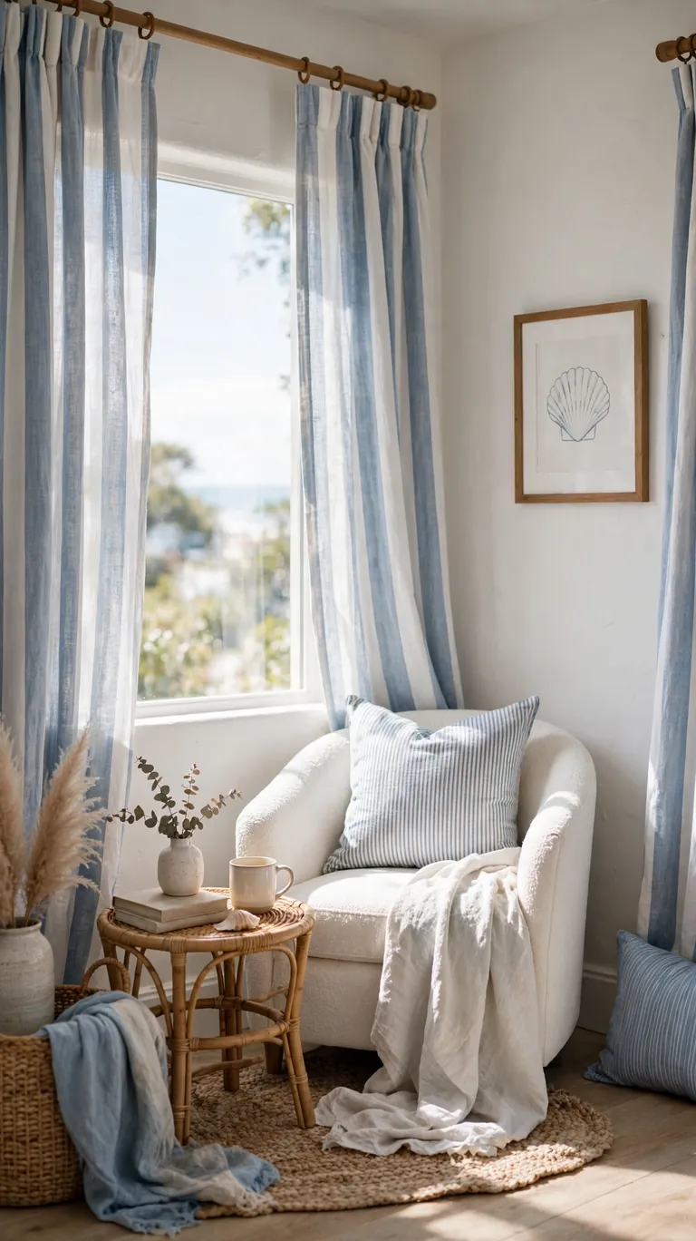 Blue and white striped curtains in a relaxed coastal bedroom reading nook.